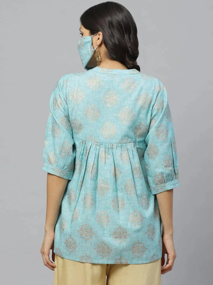 Blue Printed Cotton Kurti With Mask - Libas