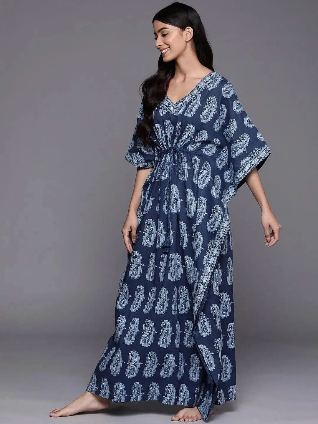 Blue Printed Cotton Night Dress - Libas