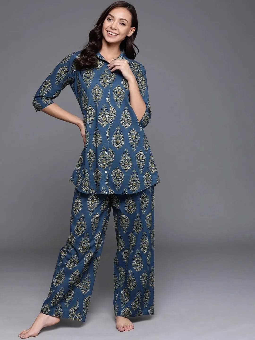 Blue Printed Cotton Night Suit
Blue Printed Cotton Night Suit