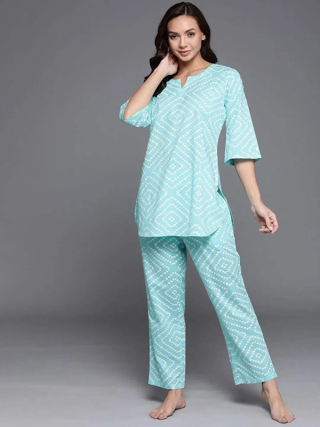 Blue Printed Cotton Night Suit - Libas