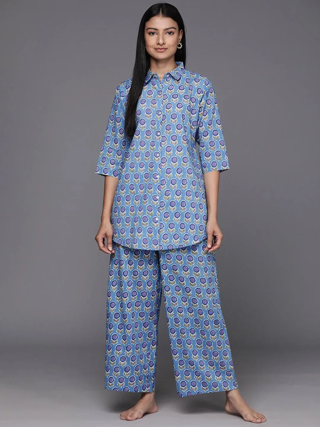 Blue Printed Cotton Night Suit Online at Rs.1159 | Libas