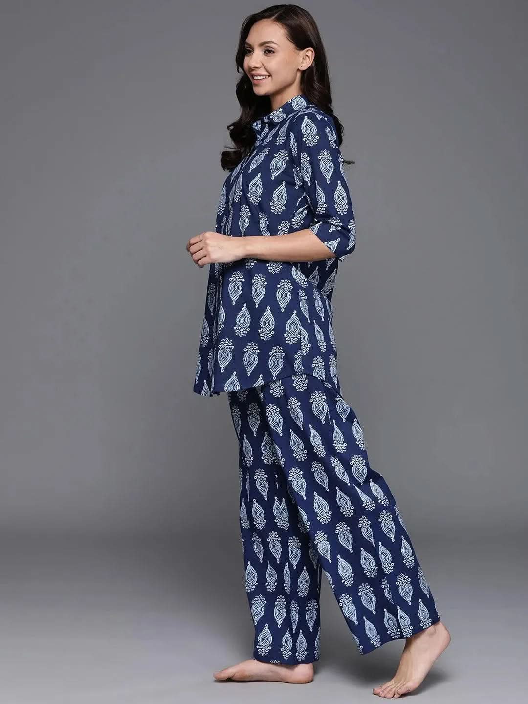 Blue Printed Cotton Night Suit - Libas