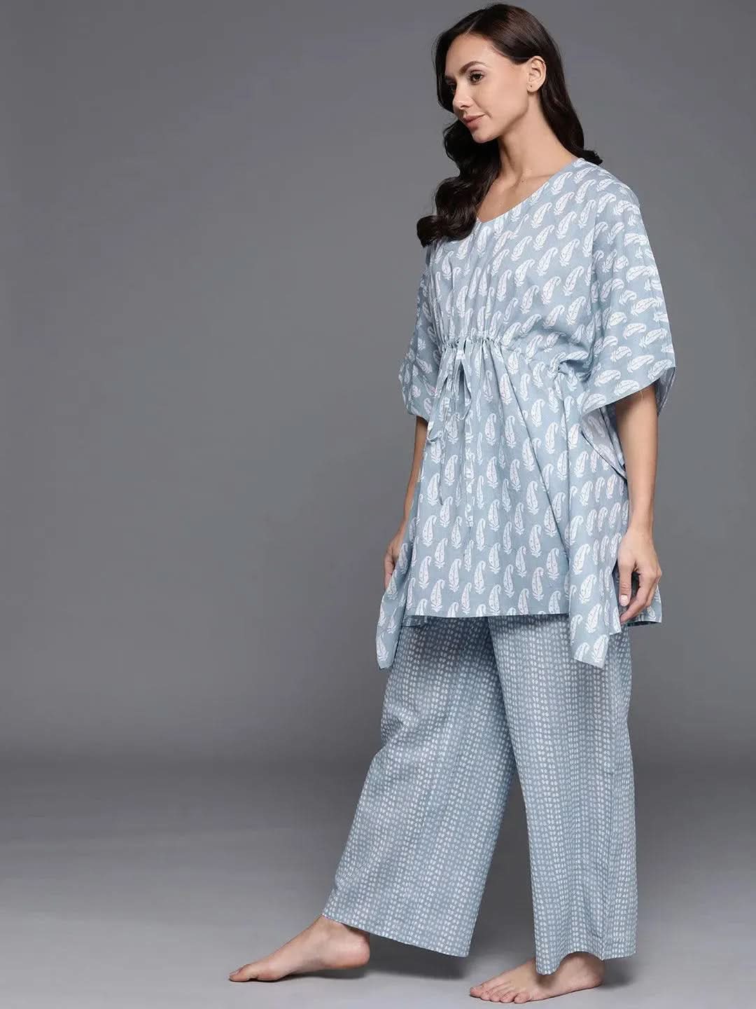 Blue Printed Cotton Night Suit - Libas