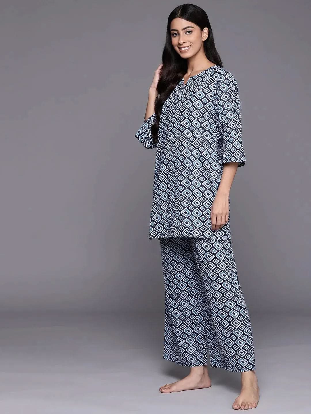 Blue Printed Cotton Night Suit - Libas