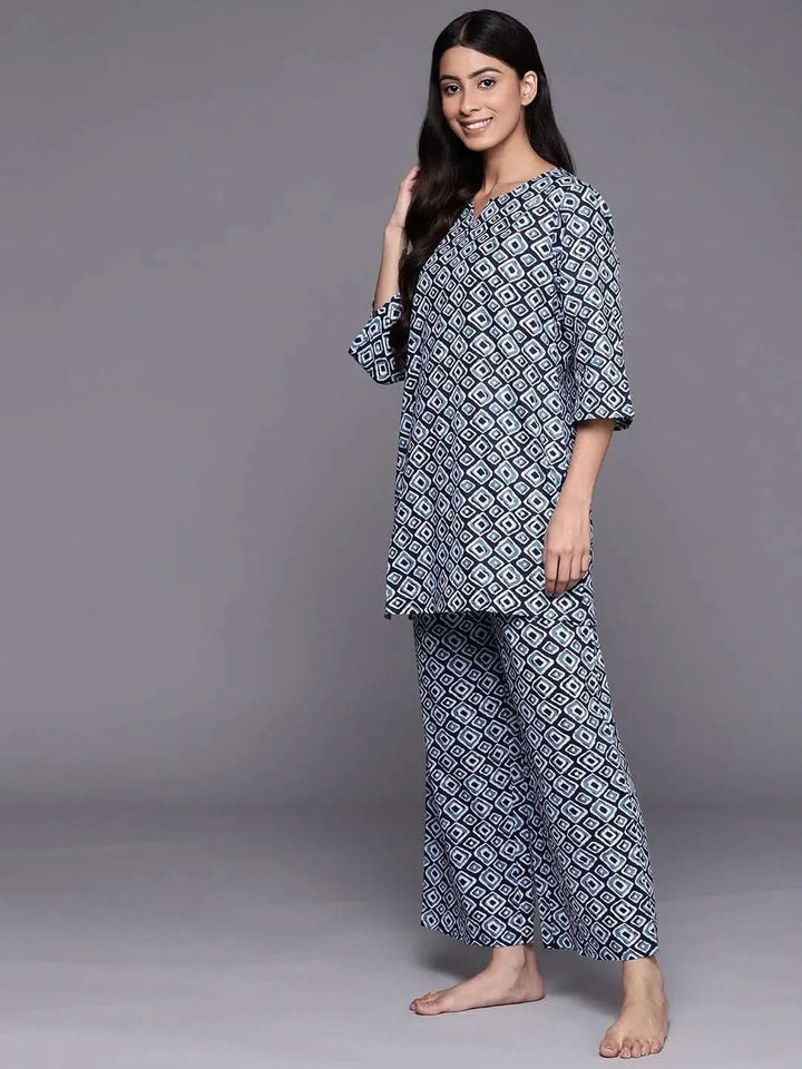 Blue Printed Cotton Night Suit - Libas