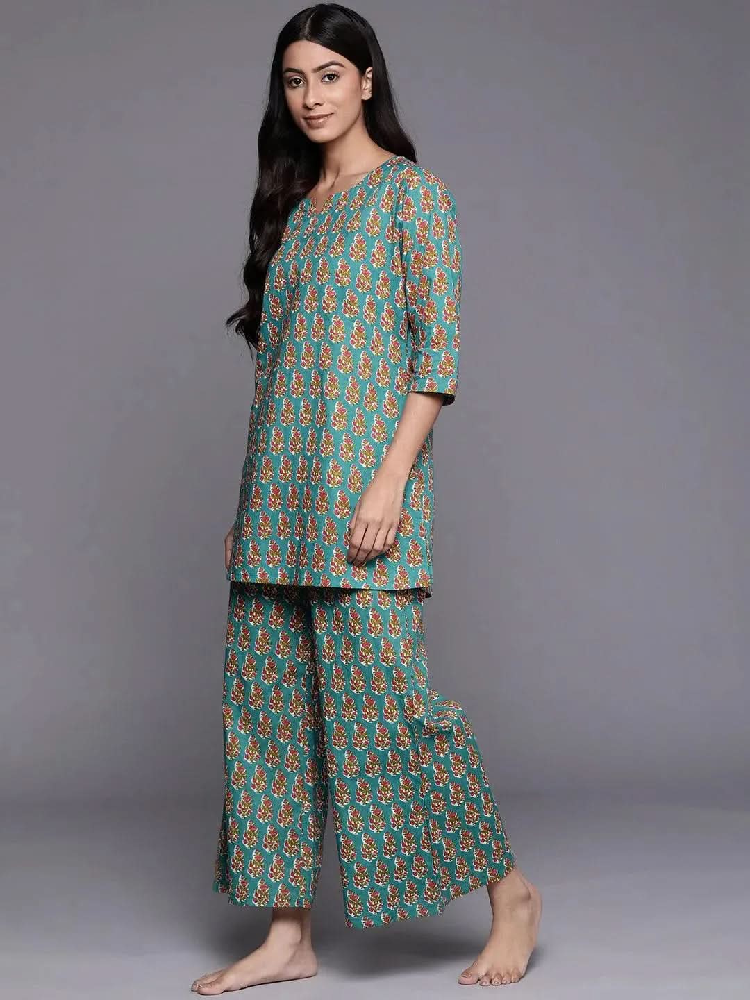 Blue Printed Cotton Night Suit - Libas
