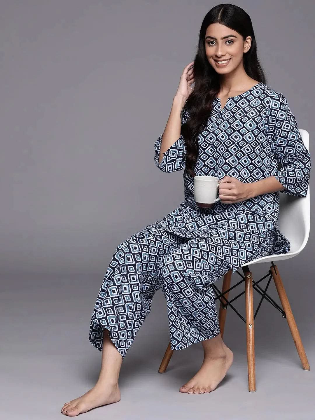 Blue Printed Cotton Night Suit - Libas