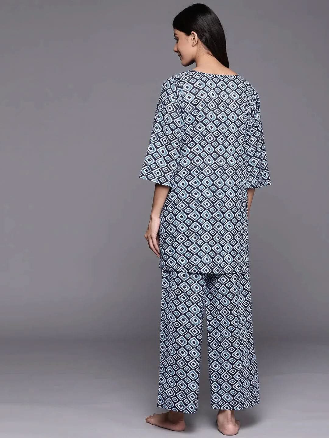 Blue Printed Cotton Night Suit - Libas