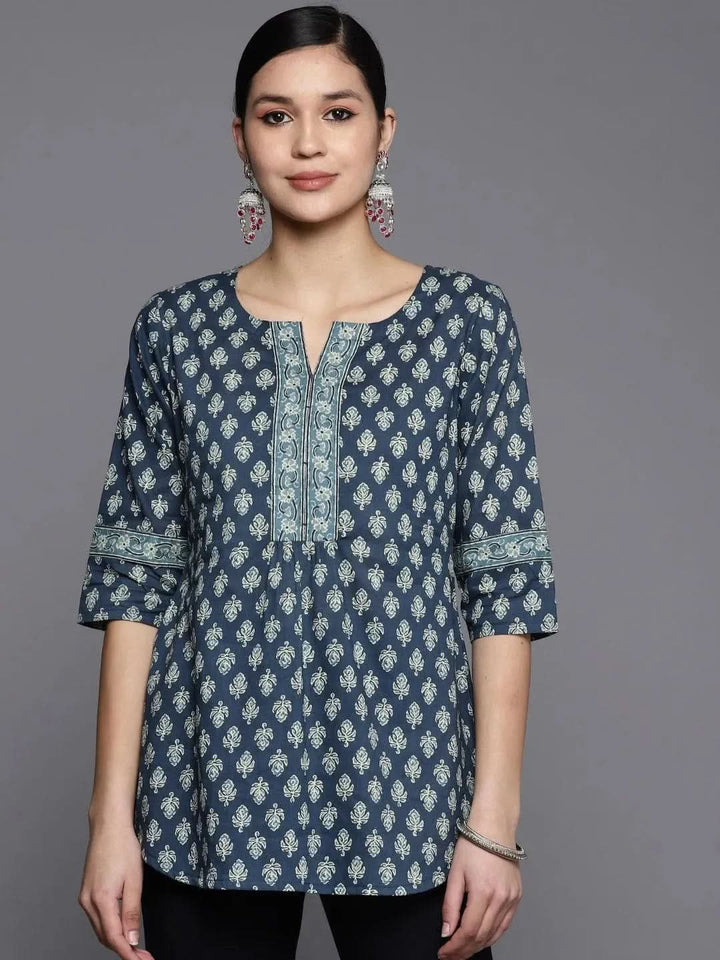Blue Printed Cotton A-Line Kurti - Libas
