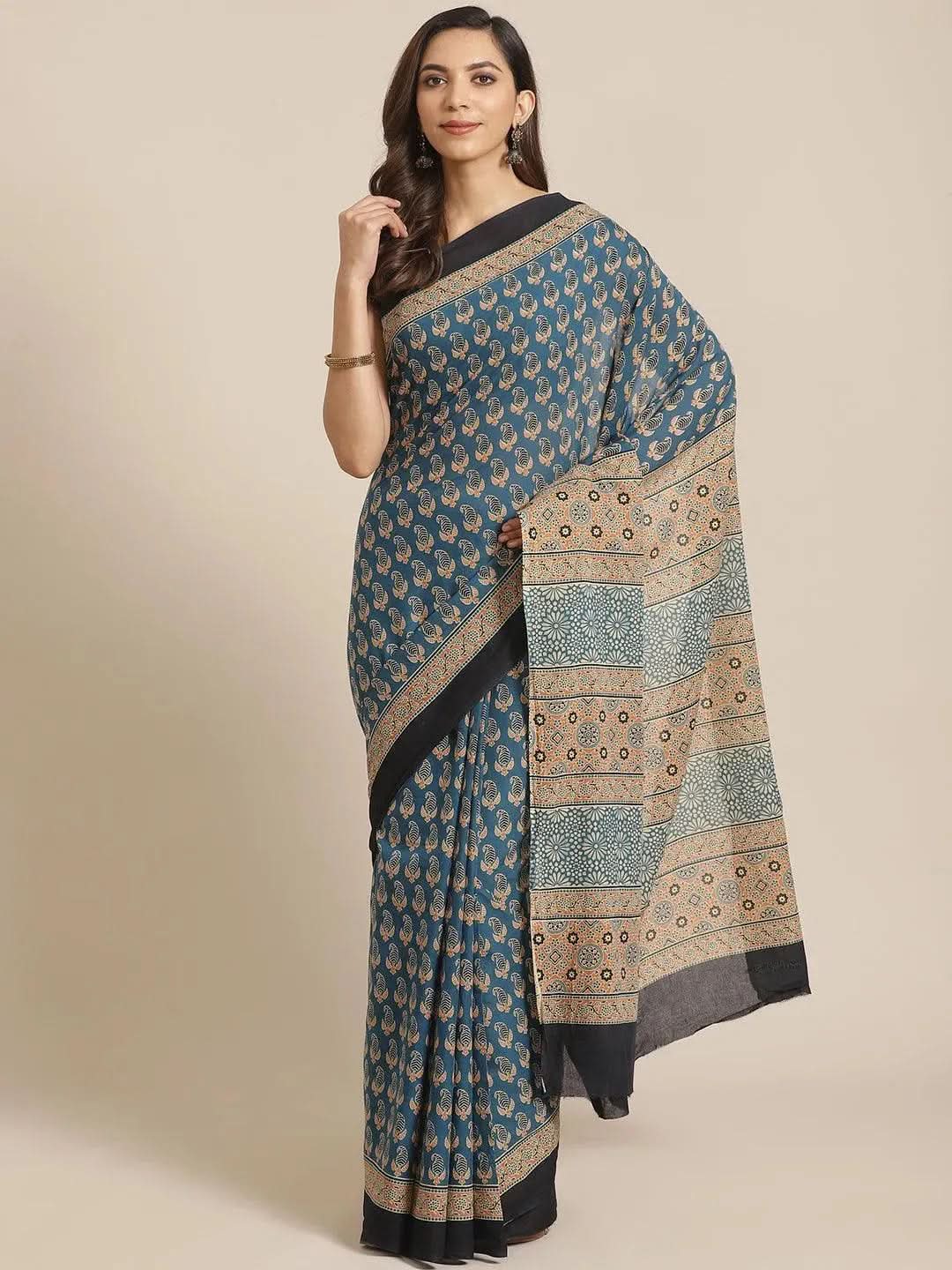 Blue Printed Cotton Saree - Libas