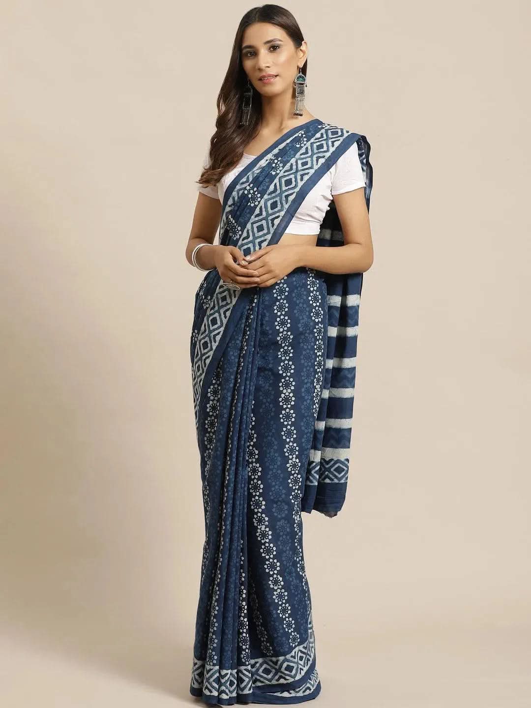 Blue Printed Cotton Saree - Libas