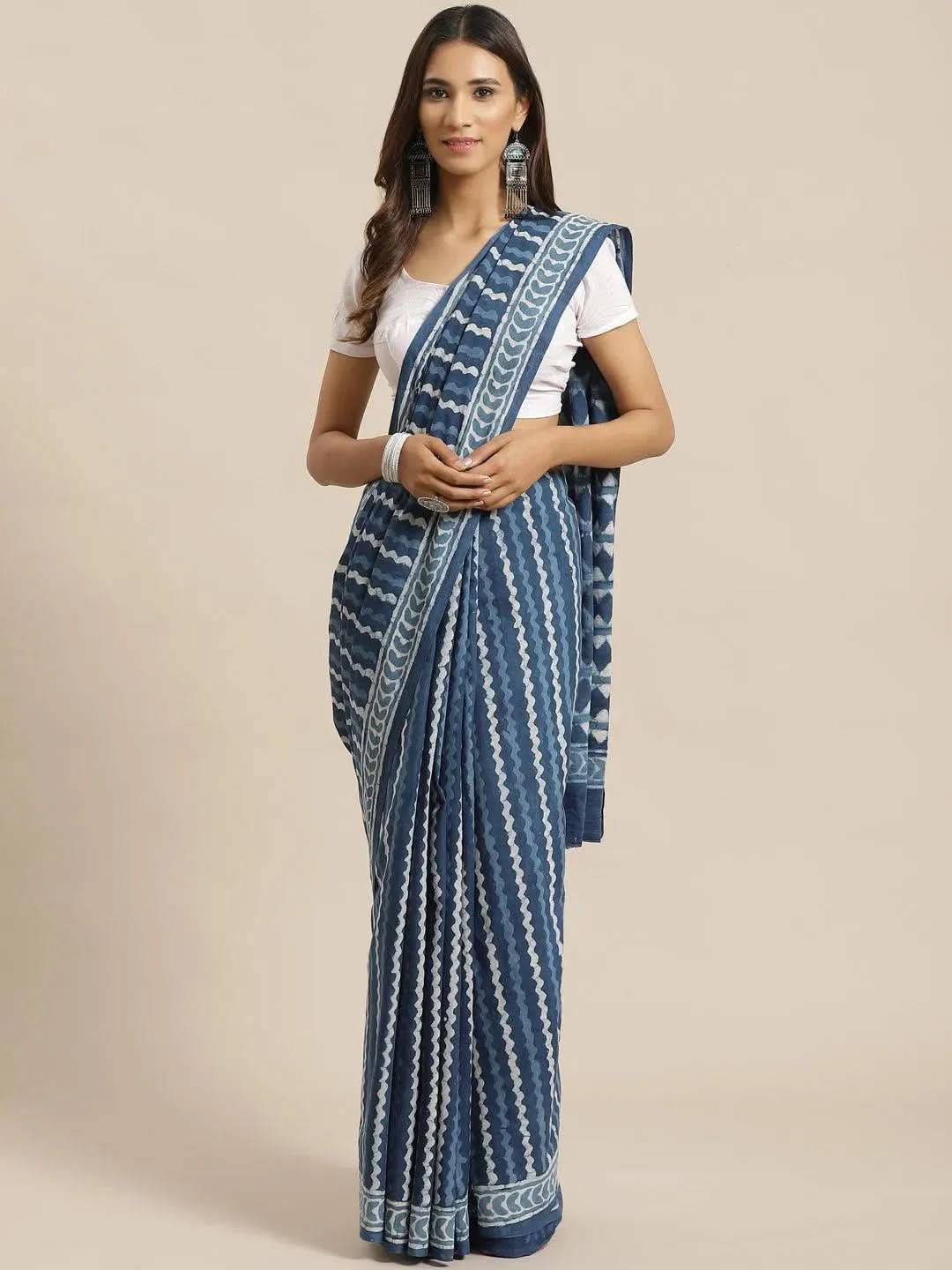 Blue Printed Cotton Saree - Libas