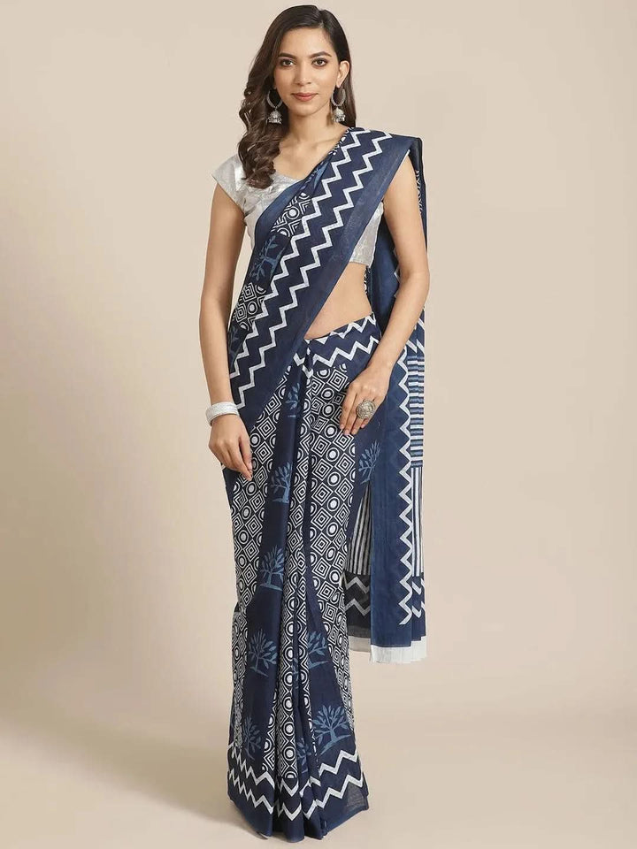 Blue Printed Cotton Saree - Libas