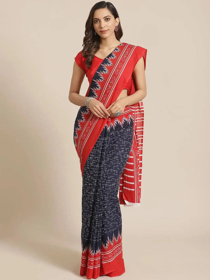 Blue Printed Cotton Saree - Libas