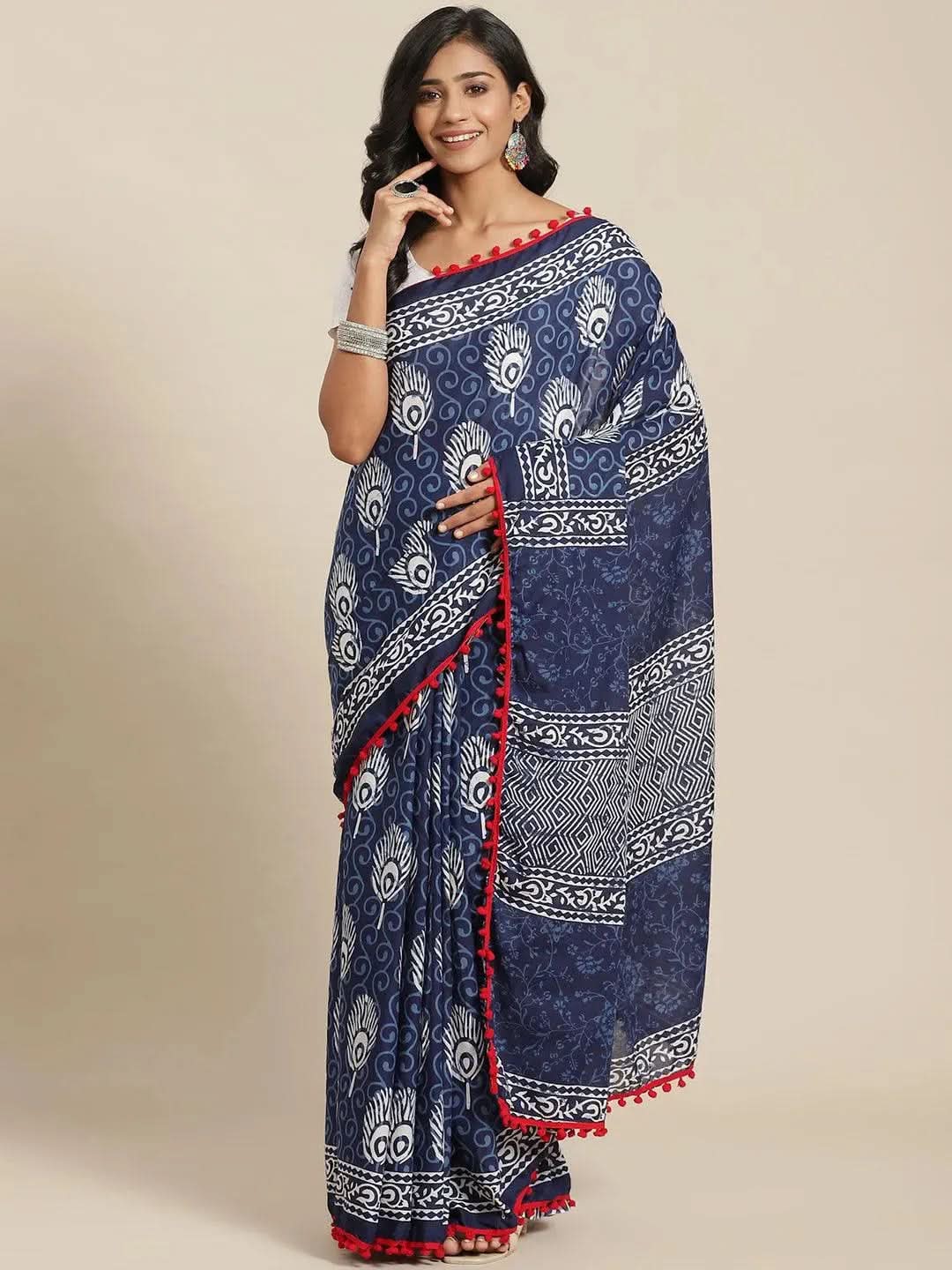 Blue Printed Cotton Saree - Libas