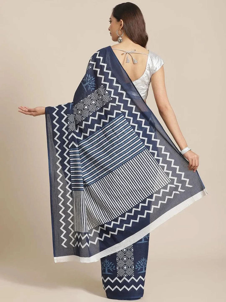 Blue Printed Cotton Saree - Libas