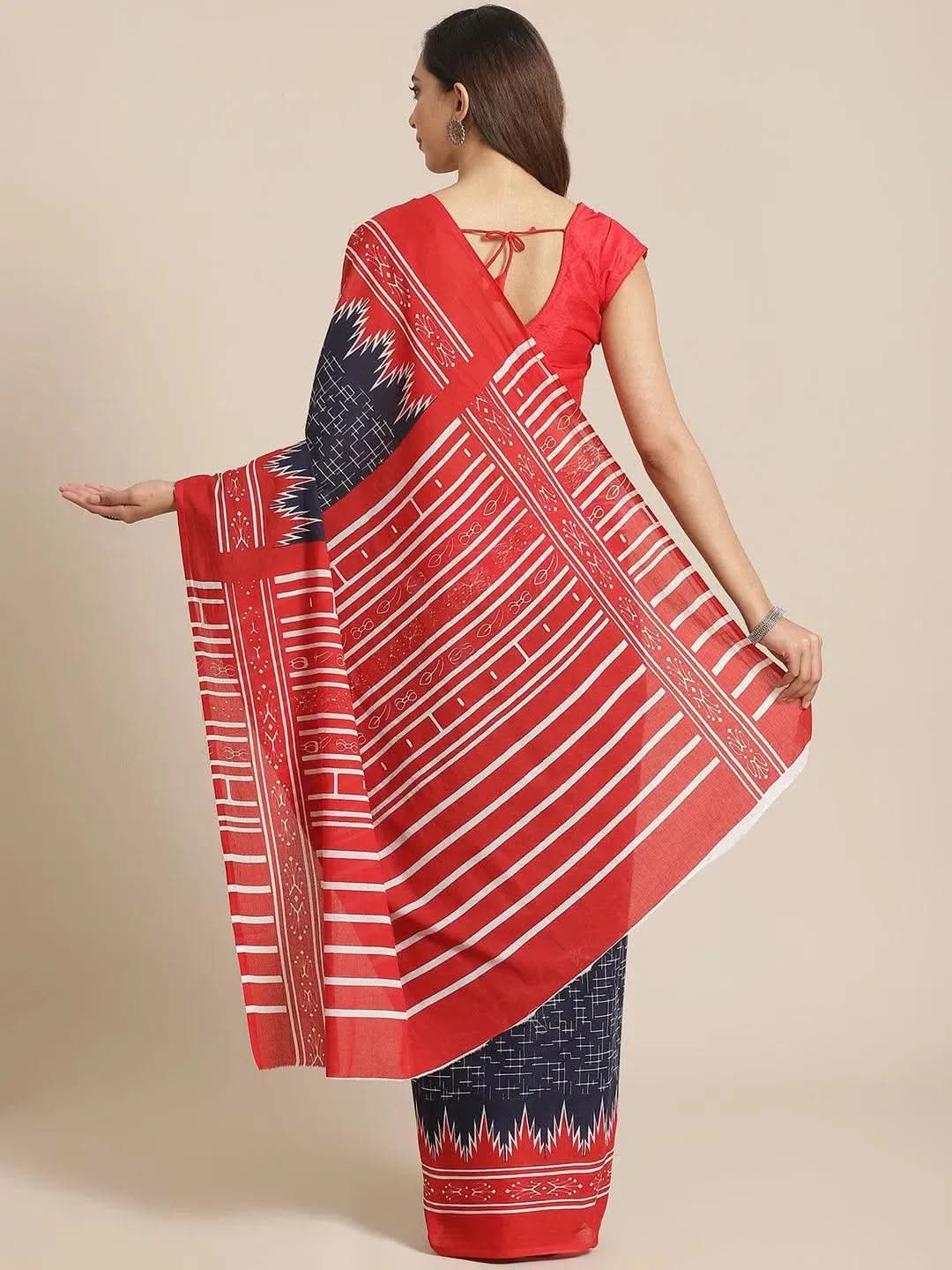 Blue Printed Cotton Saree - Libas