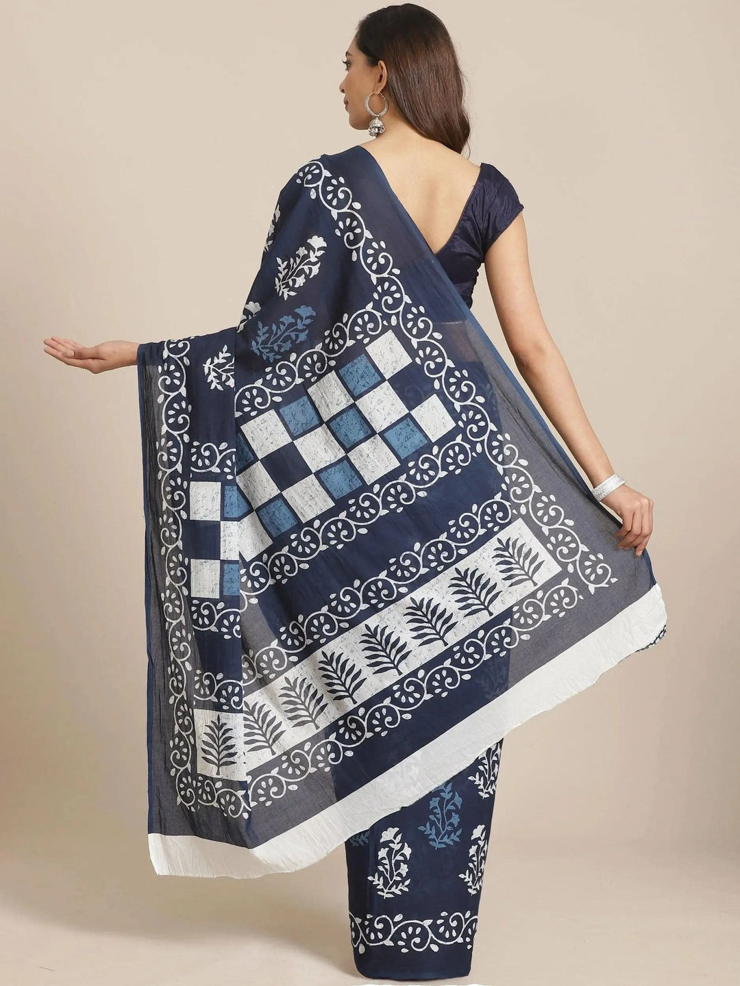 Blue Printed Cotton Saree - Libas