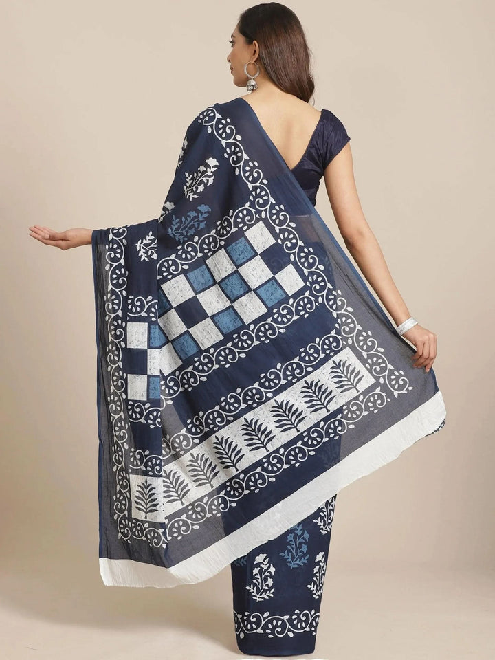 Blue Printed Cotton Saree - Libas