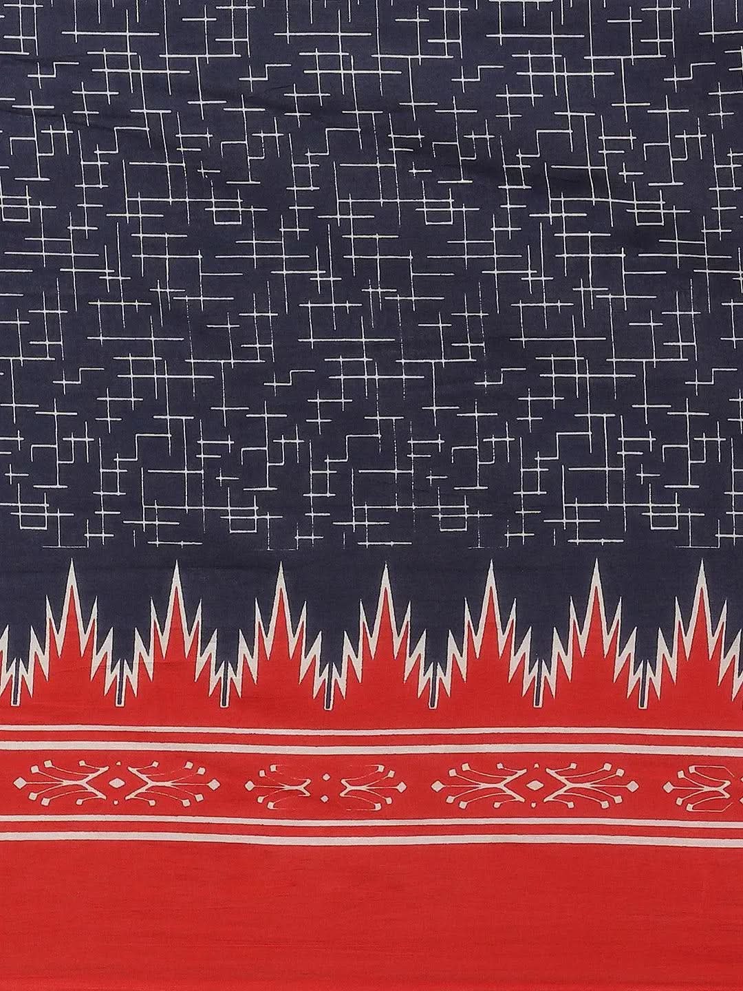 Blue Printed Cotton Saree - Libas