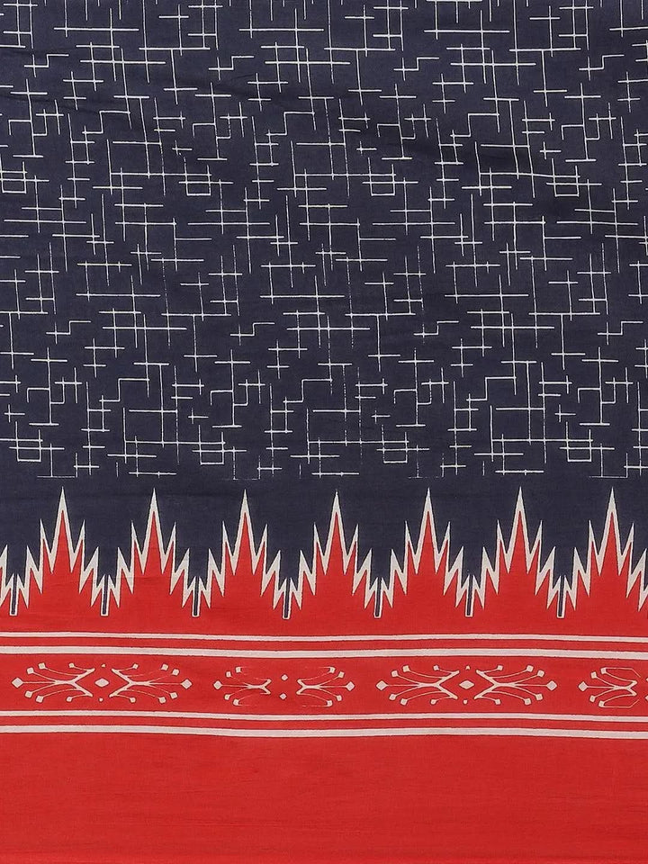 Blue Printed Cotton Saree - Libas