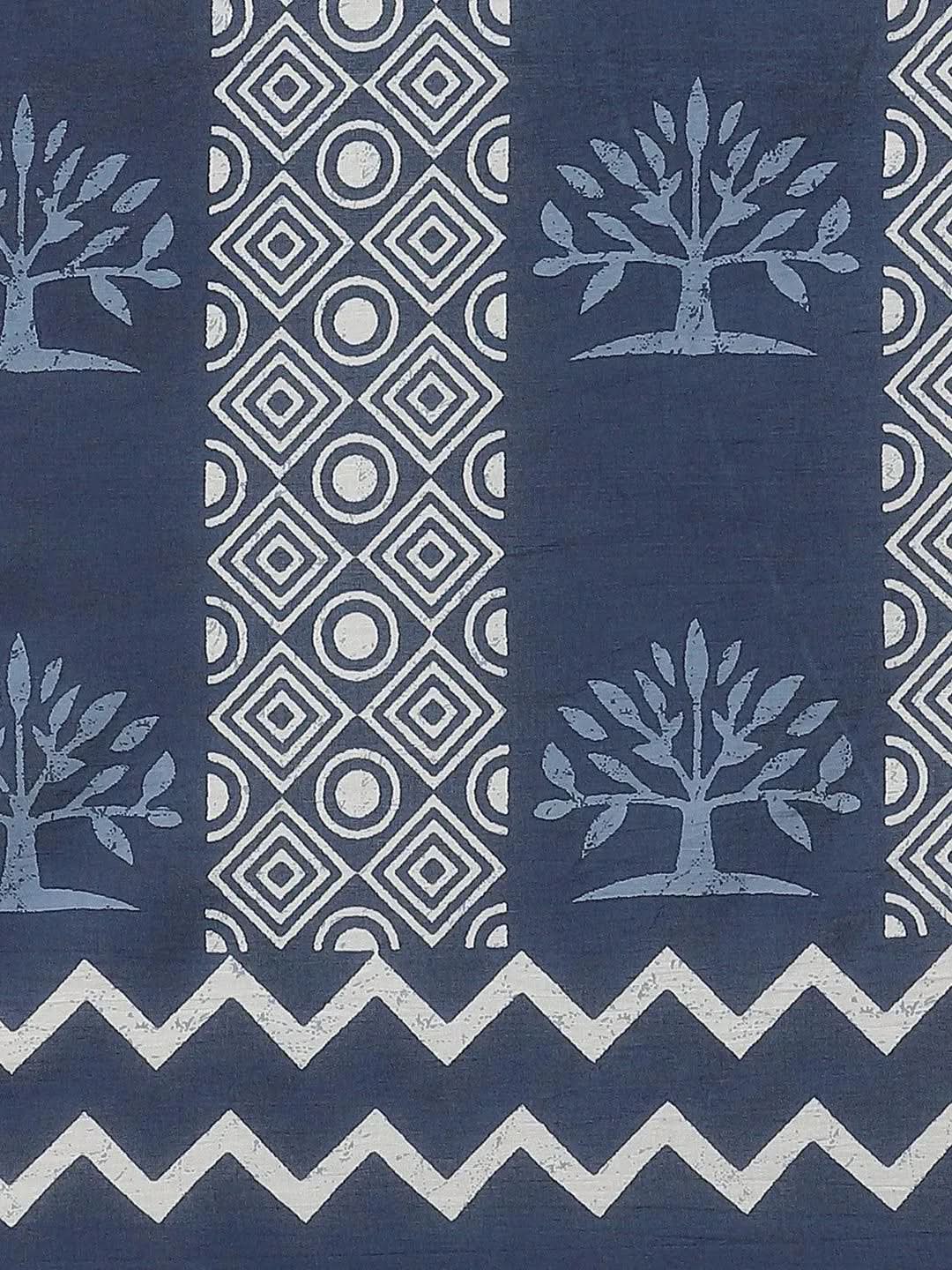 Blue Printed Cotton Saree - Libas