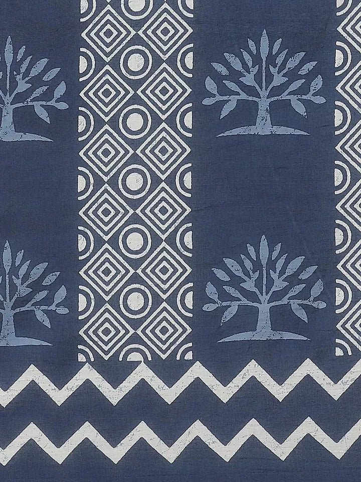 Blue Printed Cotton Saree - Libas