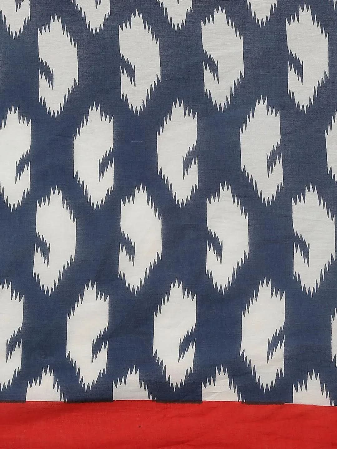 Blue Printed Cotton Saree - Libas