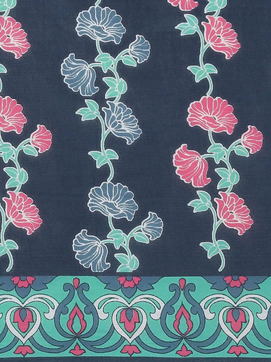 Blue Printed Cotton Saree - Libas