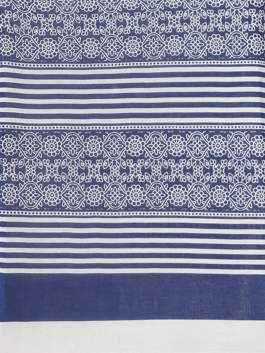 Blue Printed Cotton Saree - Libas