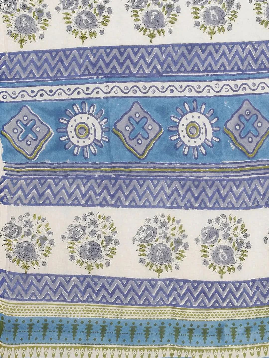 Blue Printed Cotton Saree - Libas