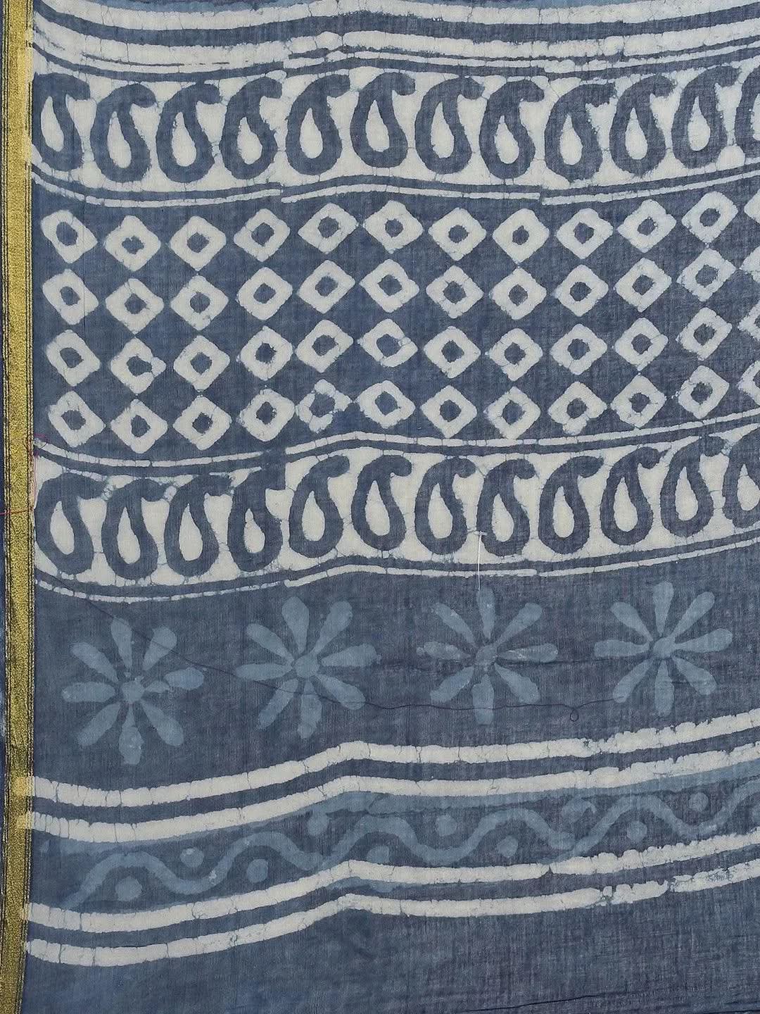 Blue Printed Cotton Saree - Libas