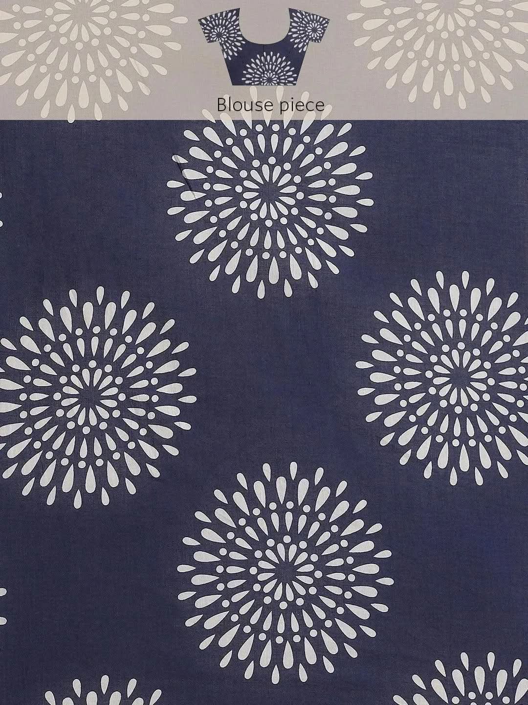 Blue Printed Cotton Saree - Libas