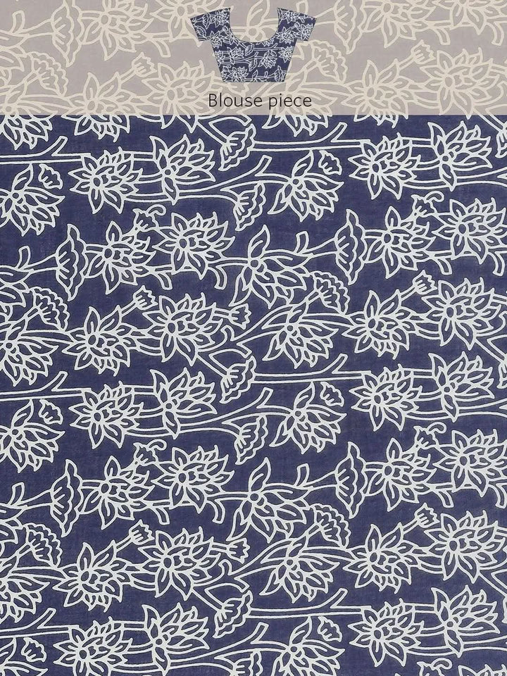 Blue Printed Cotton Saree - Libas