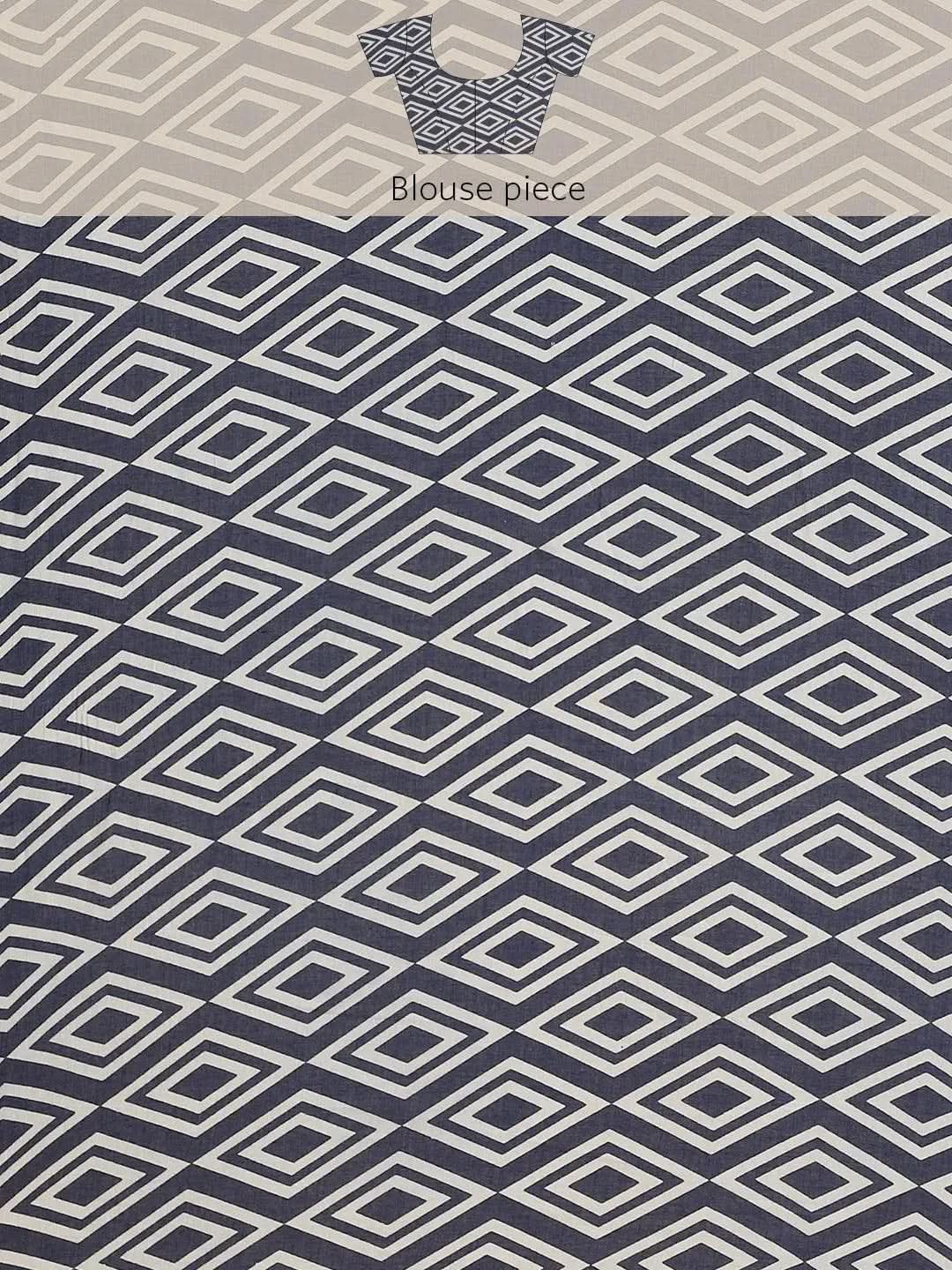 Blue Printed Cotton Saree - Libas