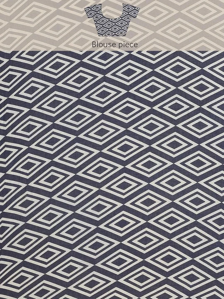 Blue Printed Cotton Saree - Libas