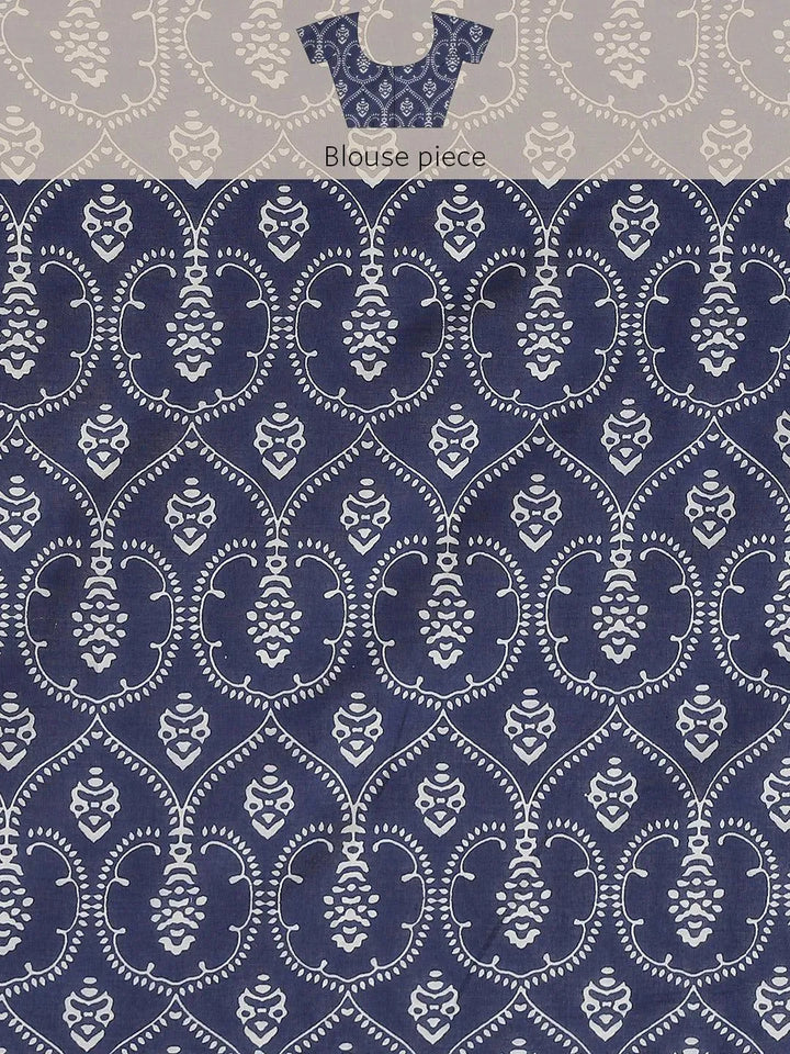 Blue Printed Cotton Saree - Libas