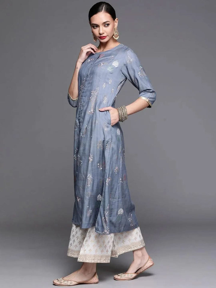 Blue Printed Cotton Silk Kurta - Libas
