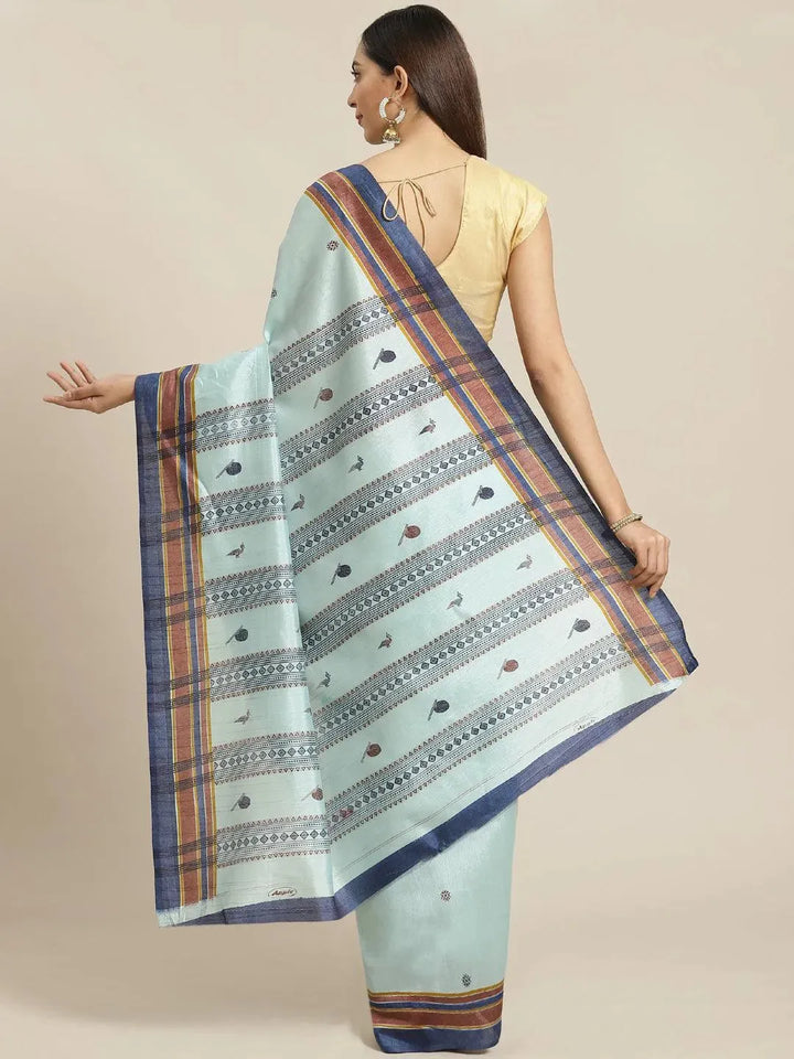 Blue Printed Cotton Silk Saree - Libas