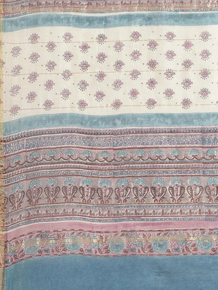 Blue Printed Cotton Silk Saree - Libas
