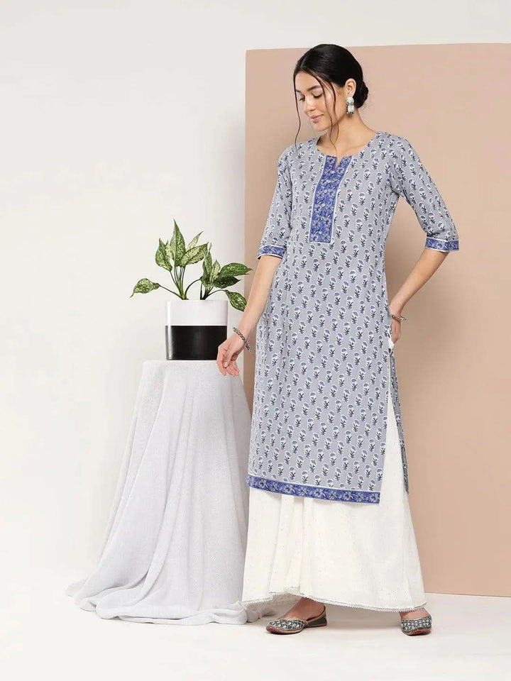 Blue Printed Cotton Straight Kurta - Libas