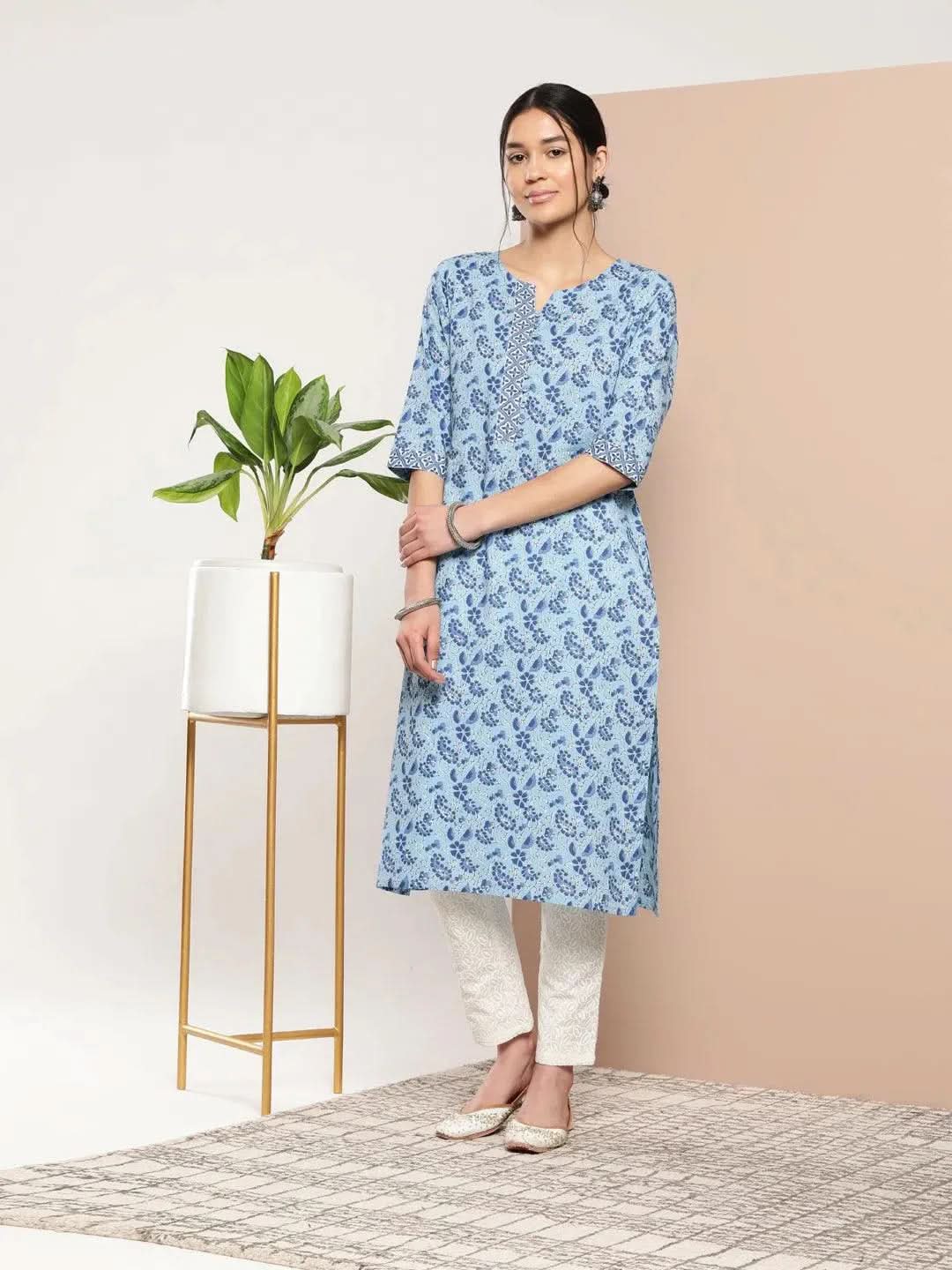 Blue Printed Cotton Straight Kurta - Libas