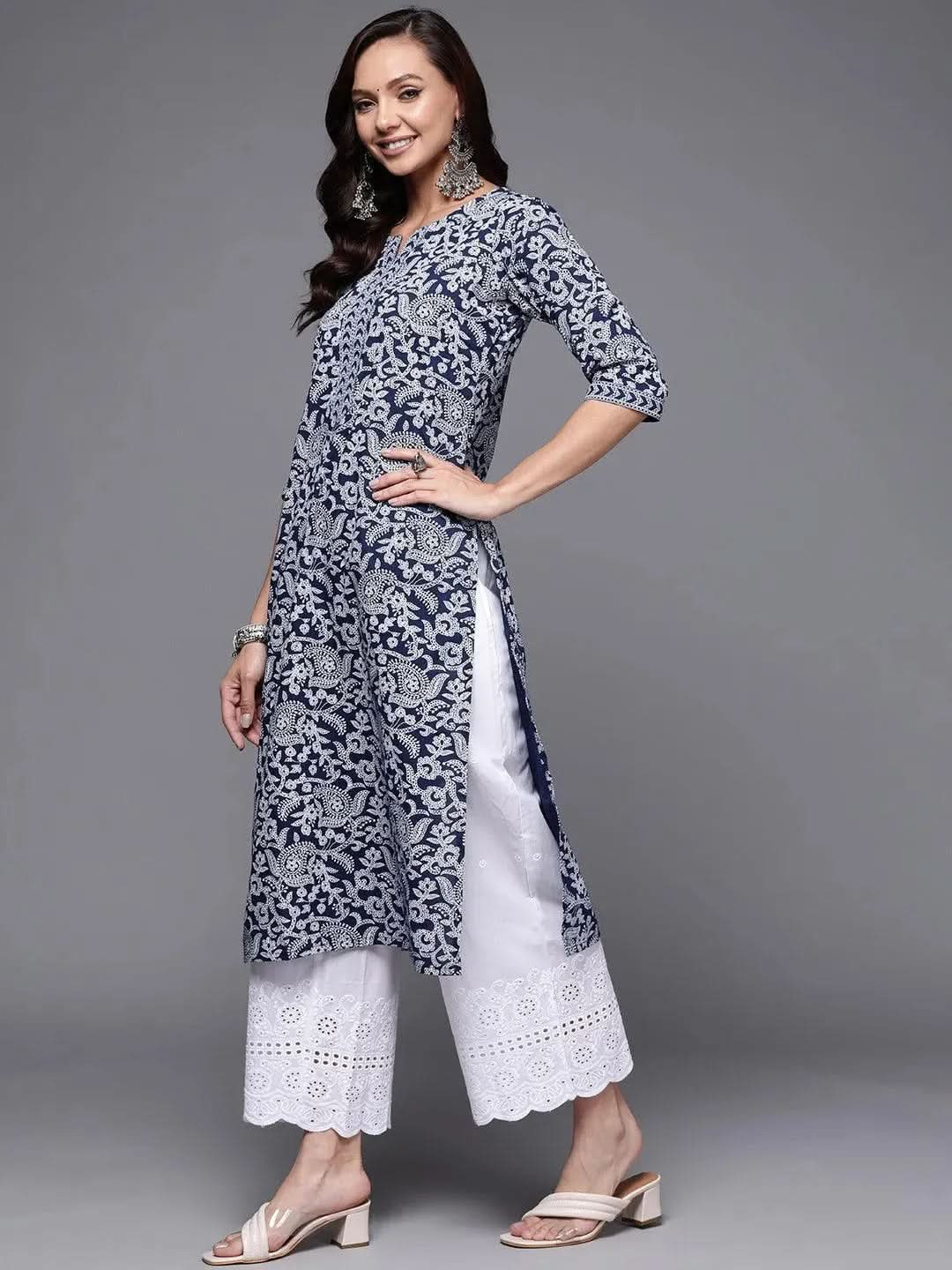 Blue Printed Cotton Straight Kurta - Libas