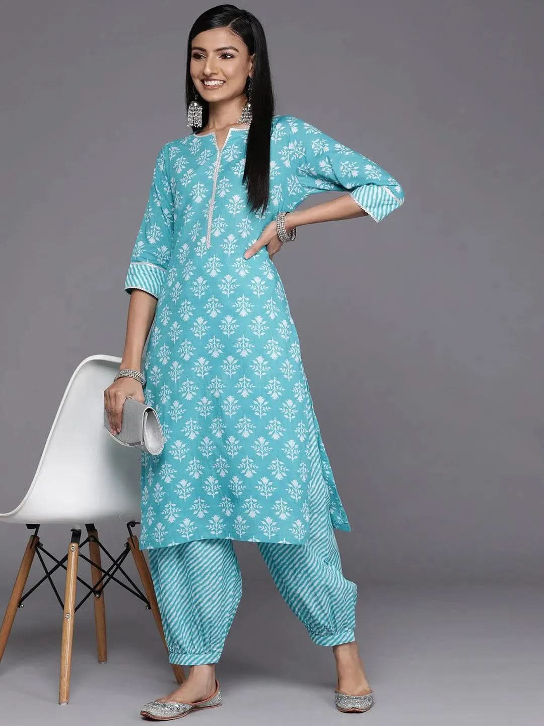 Blue Printed Cotton Straight Kurta - Libas