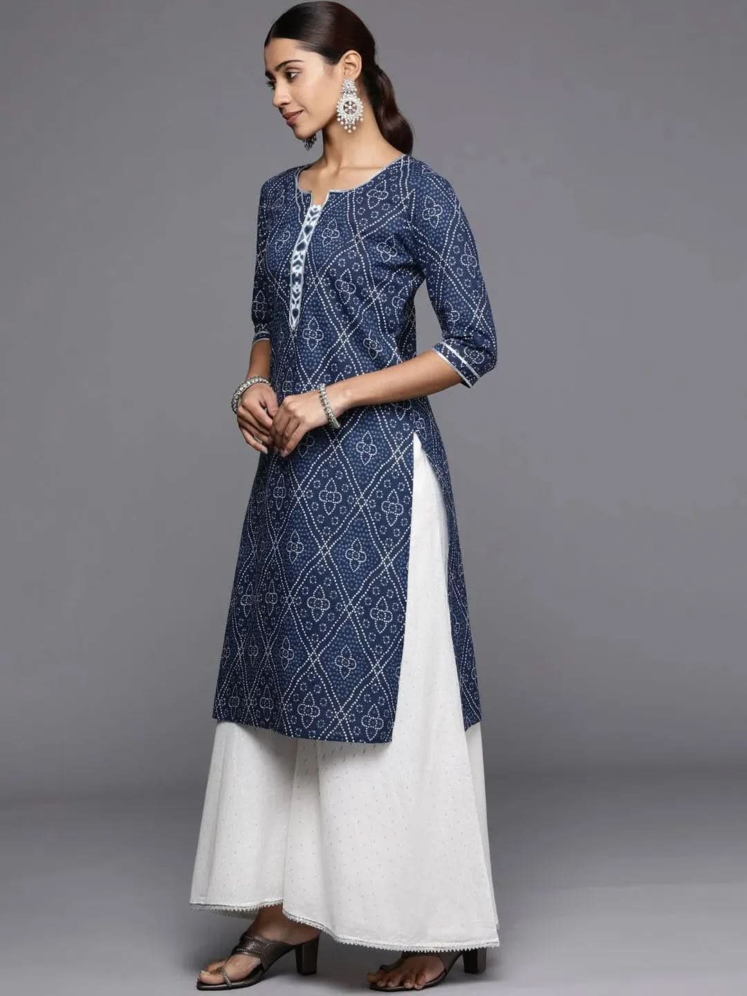 Blue Printed Cotton Straight Kurta - Libas