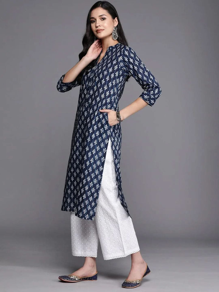 Blue Printed Cotton Straight Kurta - Libas