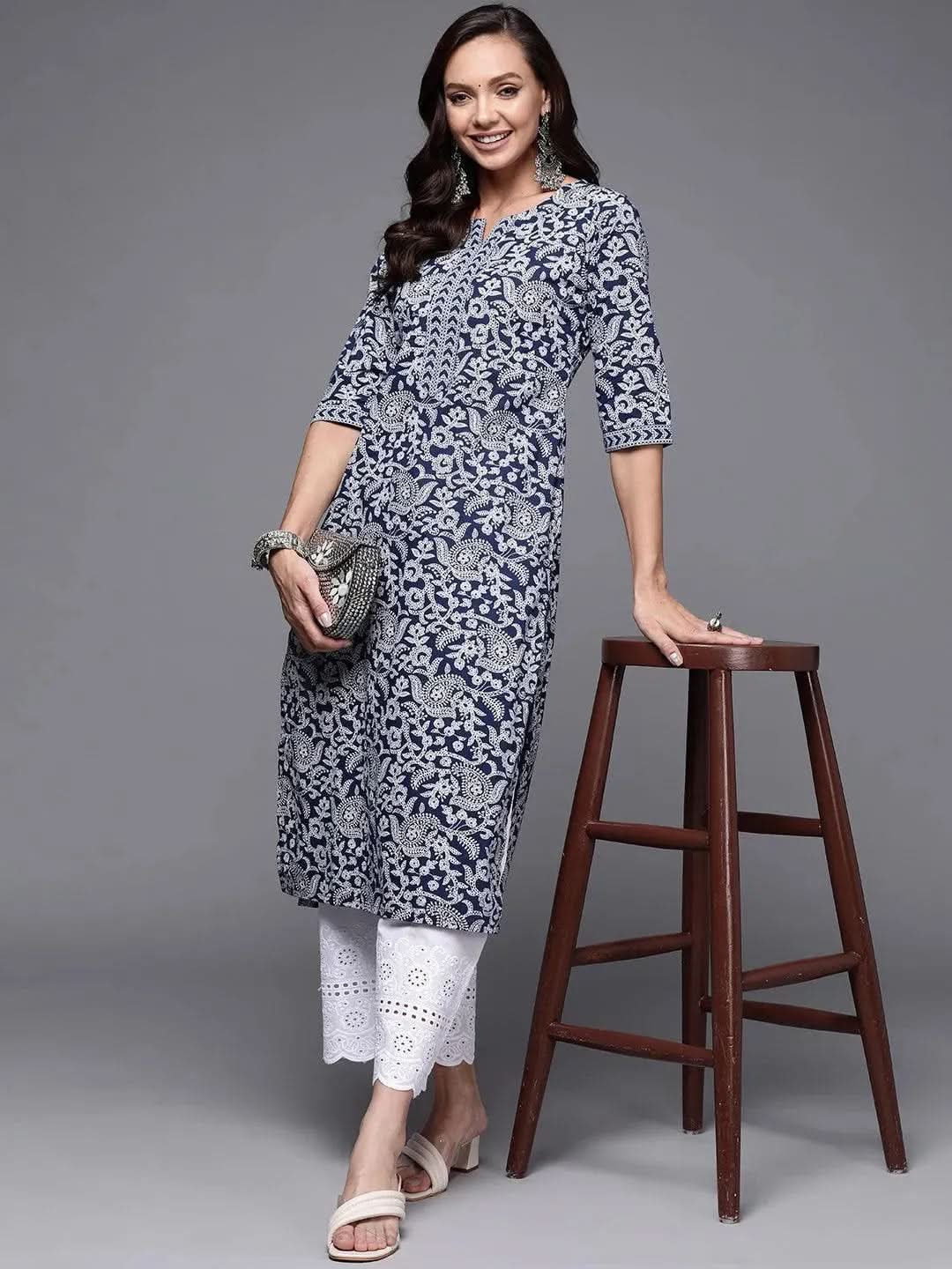 Blue Printed Cotton Straight Kurta - Libas