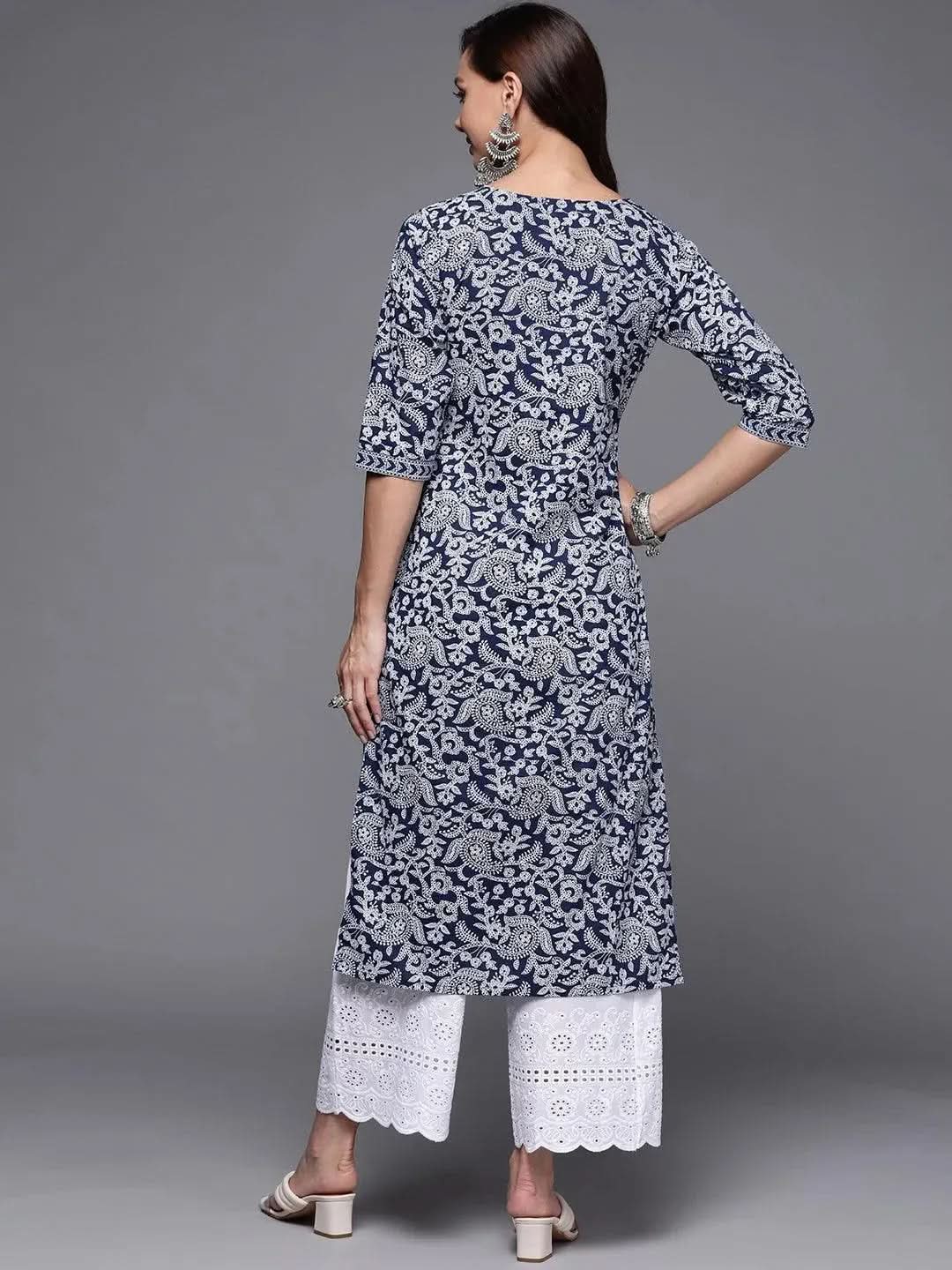 Blue Printed Cotton Straight Kurta - Libas