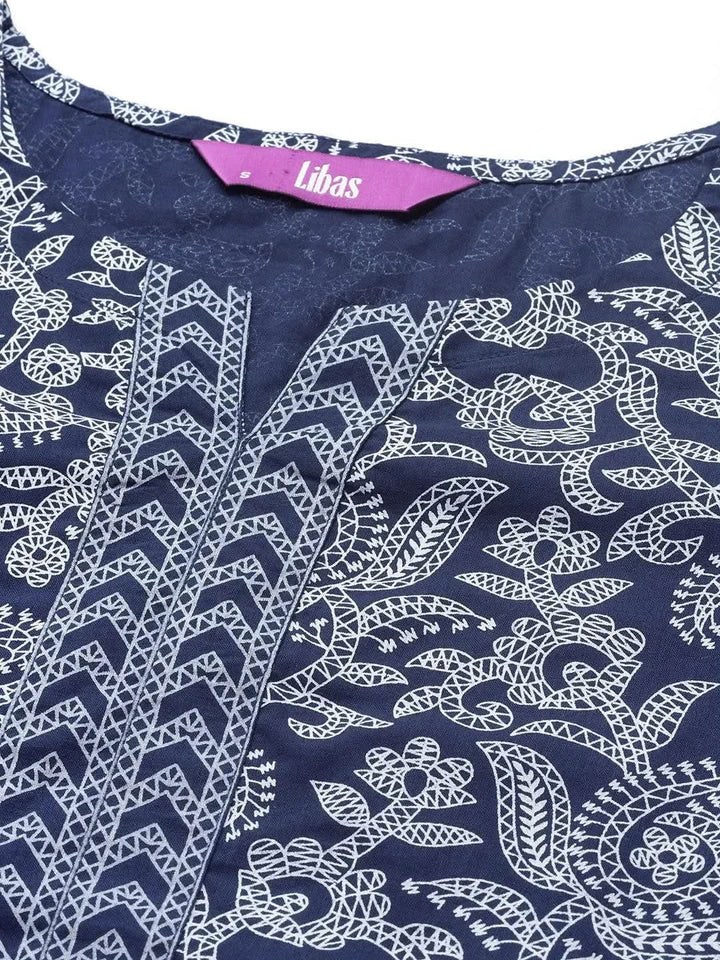 Blue Printed Cotton Straight Kurta - Libas