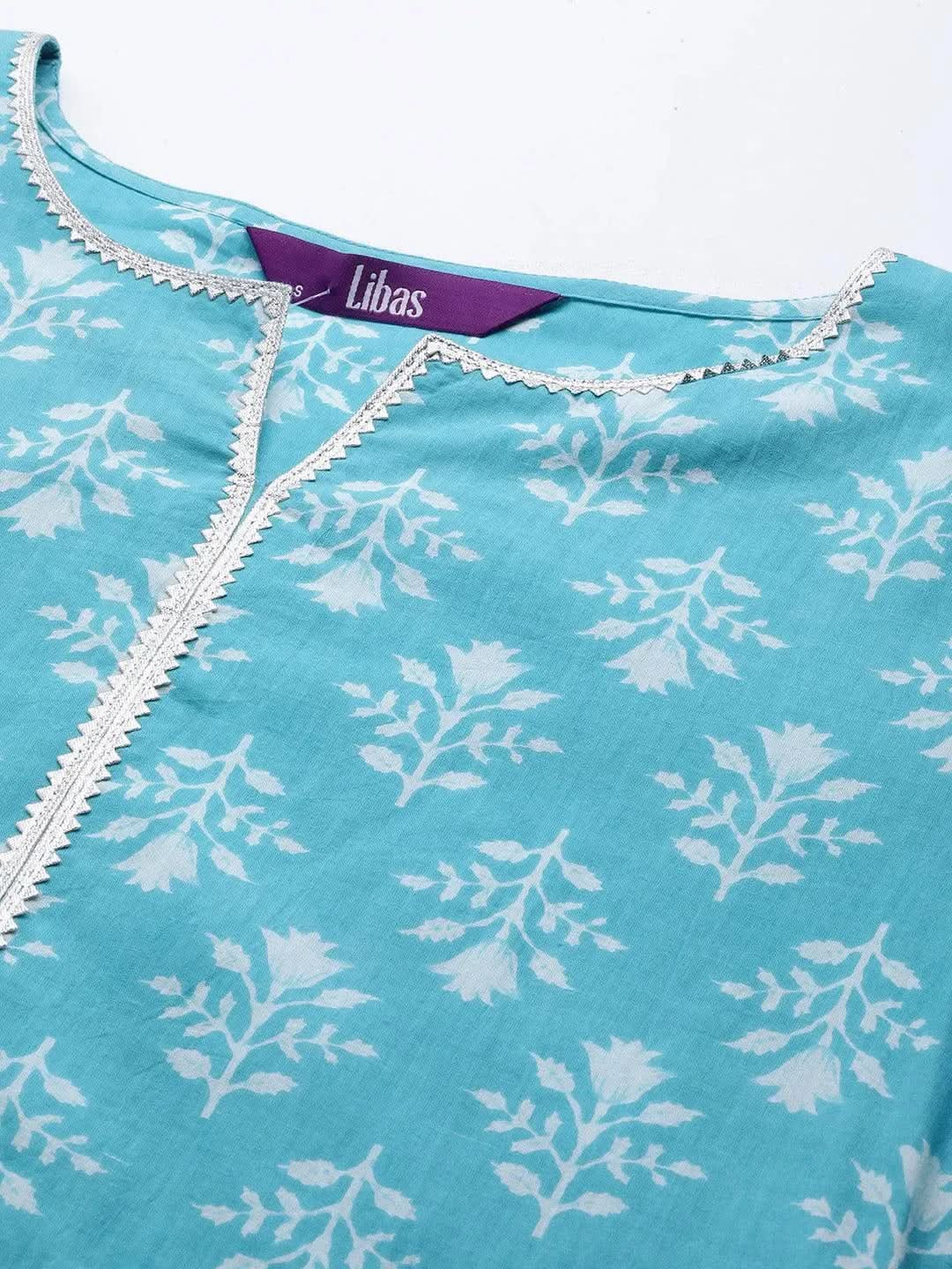 Blue Printed Cotton Straight Kurta - Libas